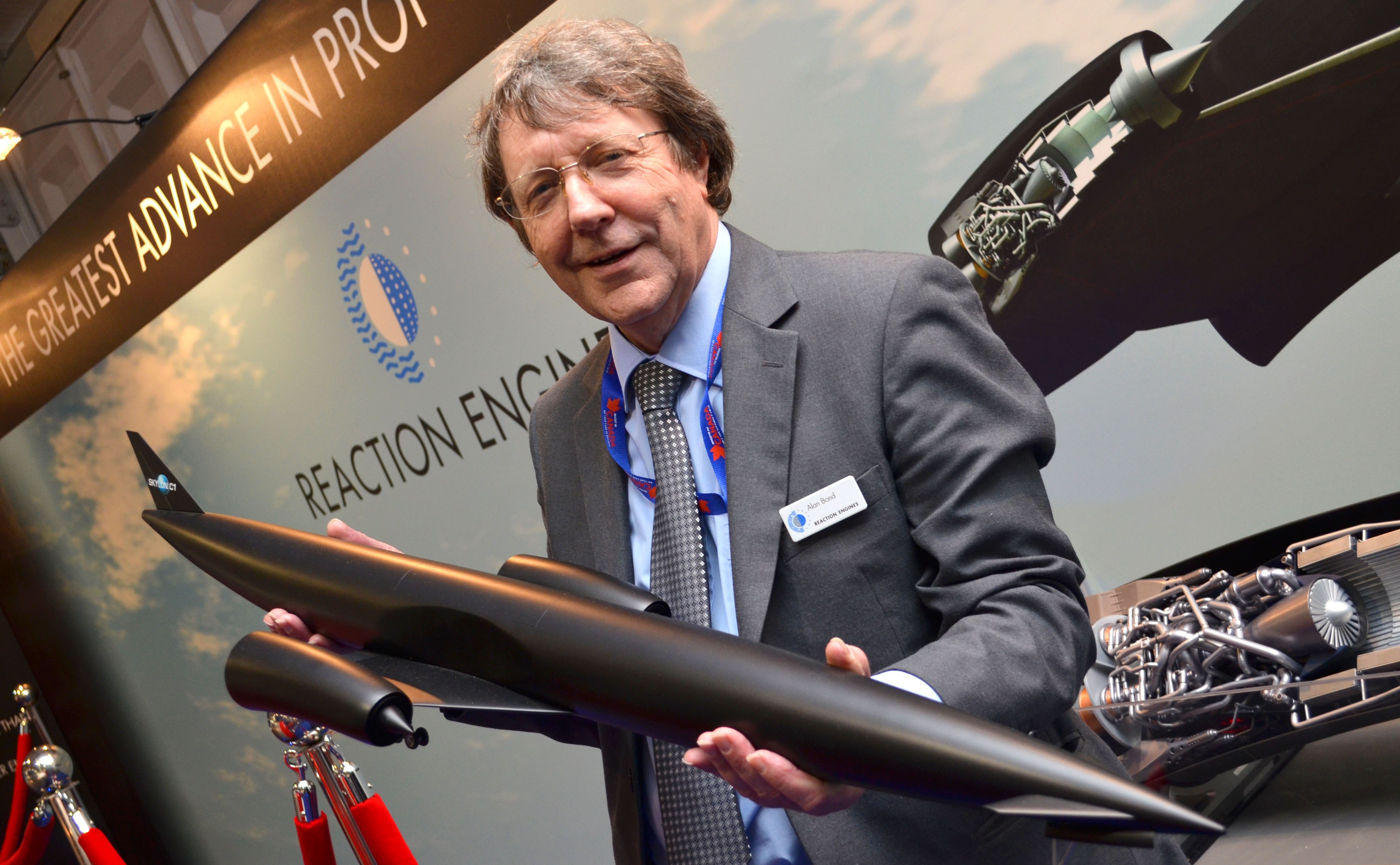 Alan Bond, the founder of Reaction Engines, with a model of the Skylon space aircraft